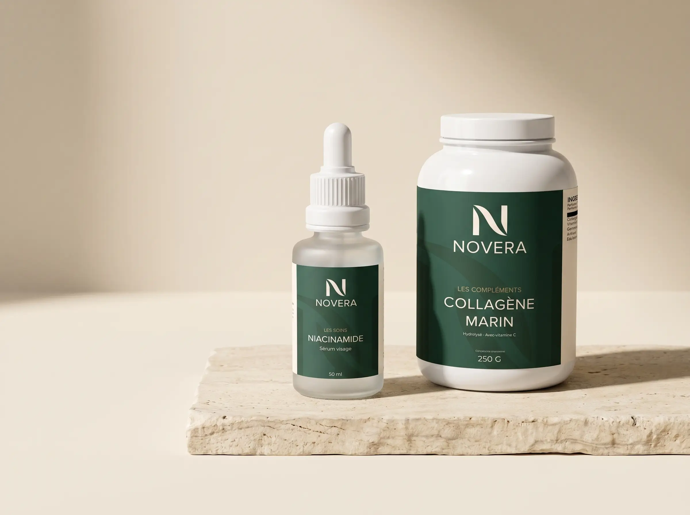 Le sérum niacinamide et le collagène marin NOVERA, sur une pierre claire